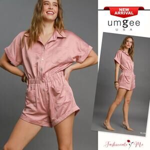 Umgee Button Down Side Pockets Short Sleeves Relaxed Charmeuse Romper | Blush